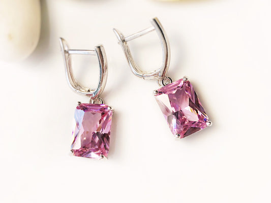 Large emerald cut pink sapphire dangling earring in 18K white gold, pink gemstone earrings, gift for mom, gift for her, October birthstone