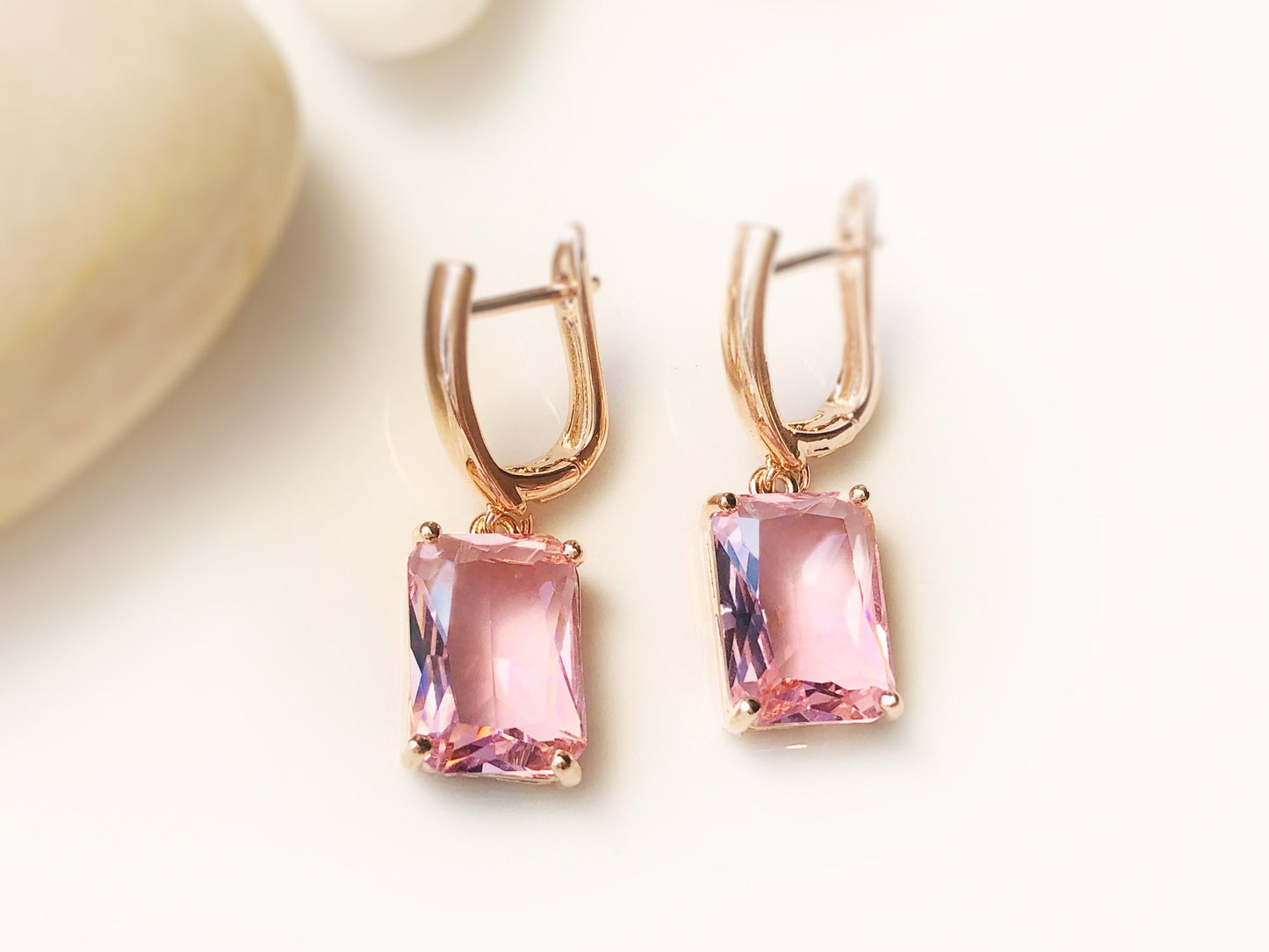 Large emerald cut pink sapphire dangling earring in 18K white gold, pink gemstone earrings, gift for mom, gift for her, October birthstone