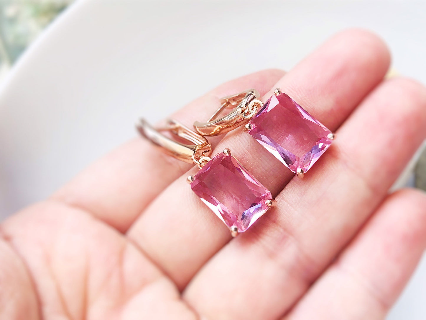 Large emerald cut pink sapphire dangling earring in 14K rose gold, October birthstone, pink gemstone earrings, gift for mom, gift for her