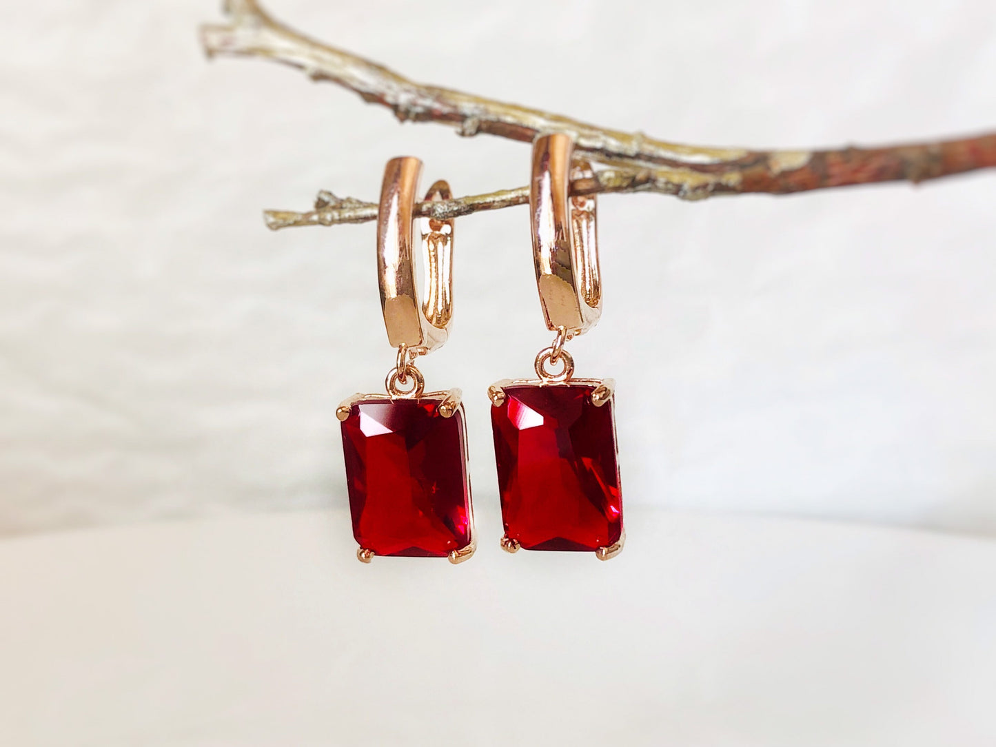 Large emerald cut ruby dangle earrings, July birthstone, red gemstone drop earrings, gift for mom, gift for her