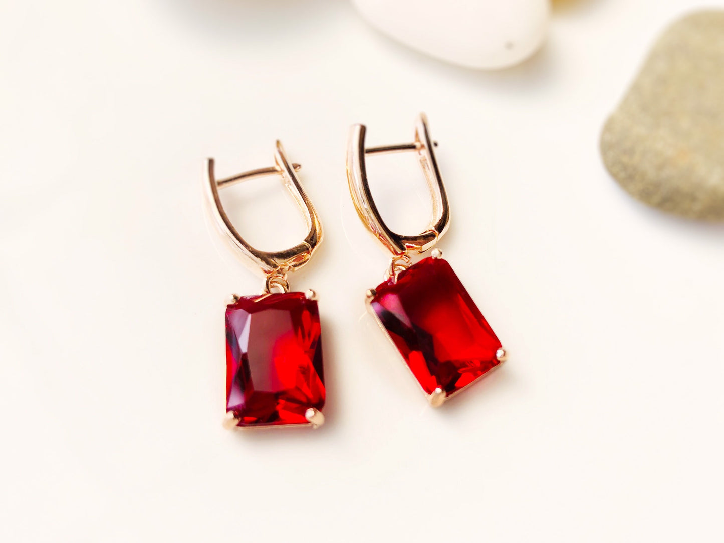 Large emerald cut ruby dangle earrings, July birthstone, red gemstone drop earrings, gift for mom, gift for her