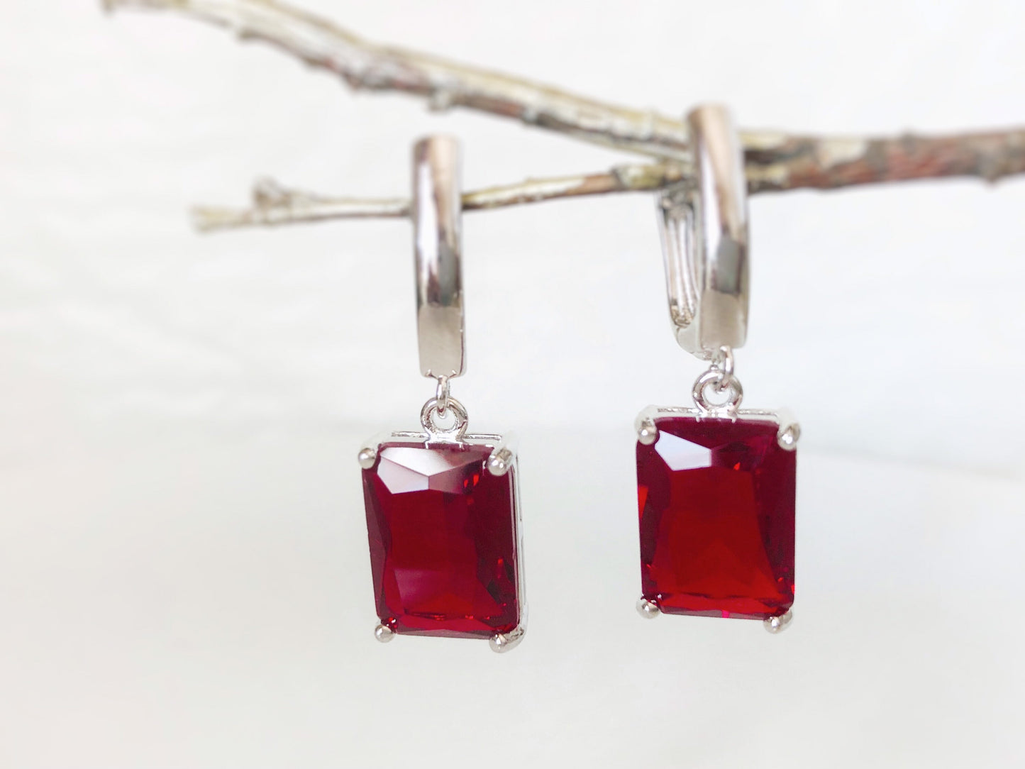 Large emerald cut ruby dangling earrings, July birthstone, red gemstone drop earrings, gift for mom, gift for her