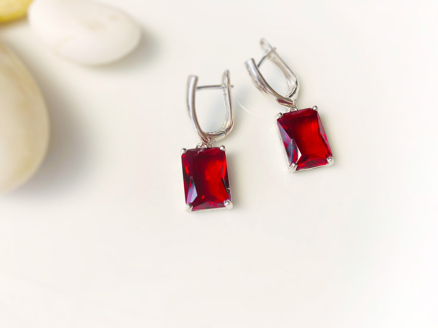 Large emerald cut ruby dangling earrings, July birthstone, red gemstone drop earrings, gift for mom, gift for her