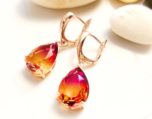 Large bi-color imperial topaz dangling earrings, orange pink topaz drop earrings, gift for her, gift for mom