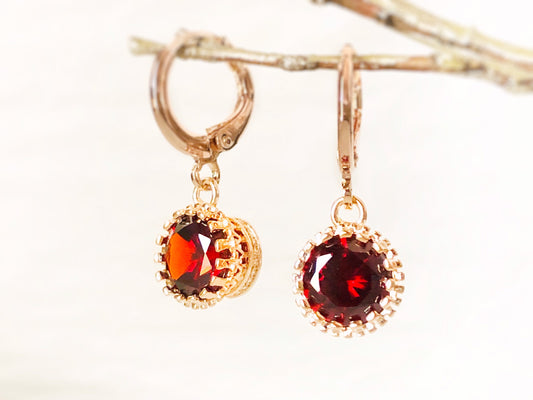 Garnet 8mm round dangle earrings, small red bezel gemstone huggie earrings, gift for her, gift for daughter, January birthstone