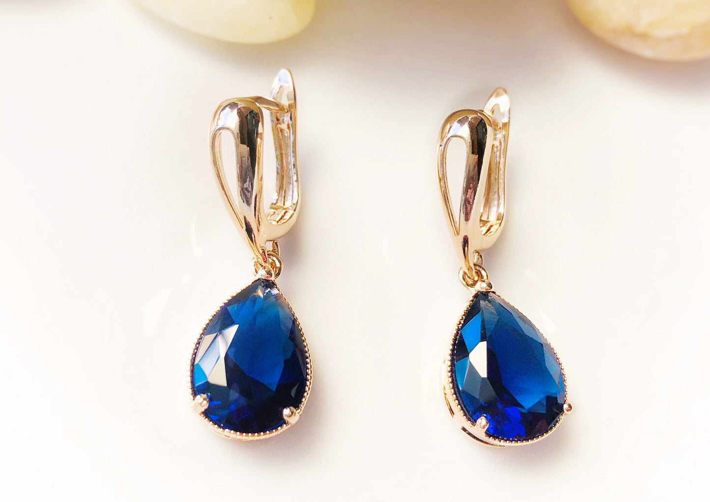 Sapphire teardrop dangle earrings, large teardrop dark blue gemstone earrings, gift for her, gift for mom, September birthstones