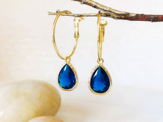 Blue sapphire drop hoop earring in 14K gold hoop earrings, Sept birthstones, blue gemstone earrings, gift for her, gift for mom