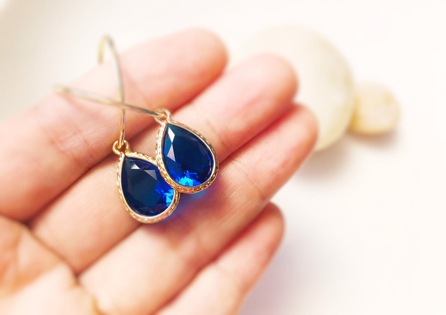 Blue sapphire drop hoop earring in 14K gold hoop earrings, Sept birthstones, blue gemstone earrings, gift for her, gift for mom