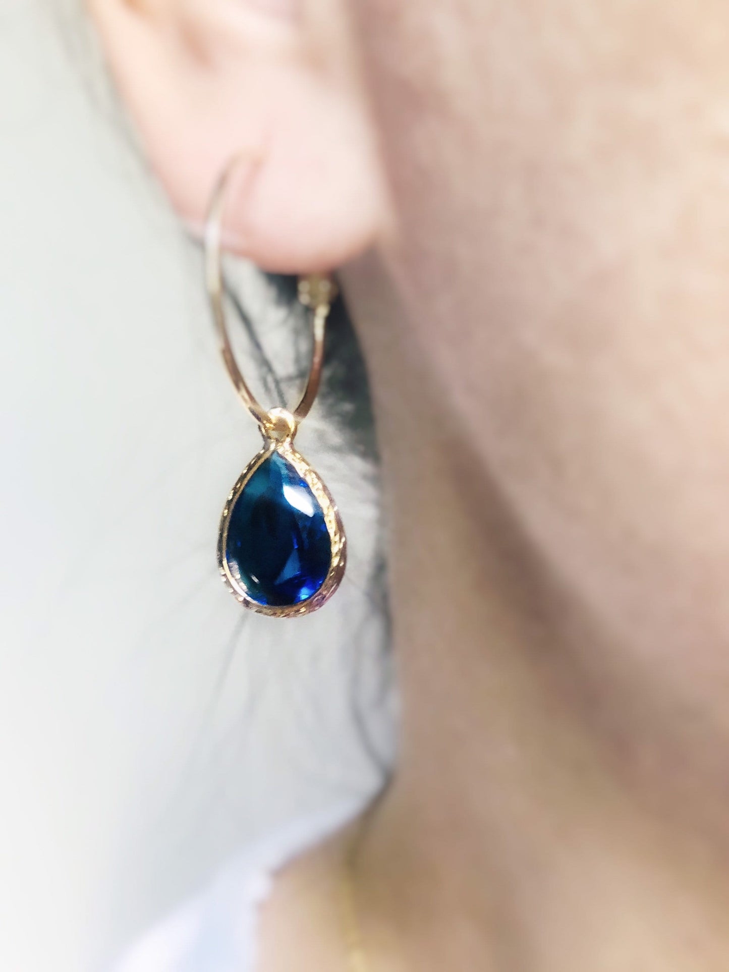 Blue sapphire drop hoop earring in 14K gold hoop earrings, Sept birthstones, blue gemstone earrings, gift for her, gift for mom