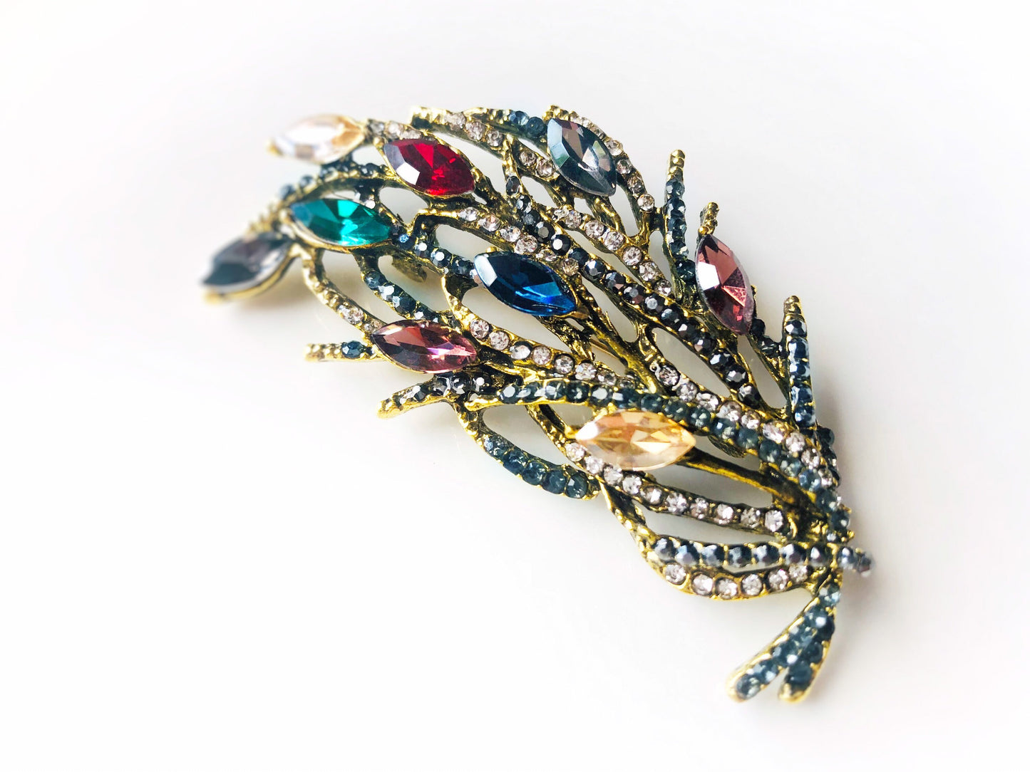 Large rainbow crystal feather brooch antique gold, large multicolored crystal statement brooch pin, gift for her, gift for mom