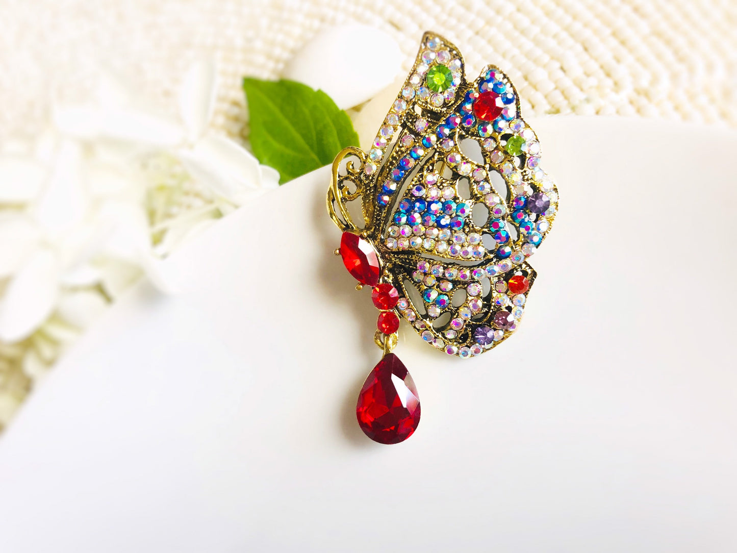 Multicolored butterfly crystal brooch pin antique gold, rainbow crystal brooch, red crystal pendant, gift for her, gift for mom