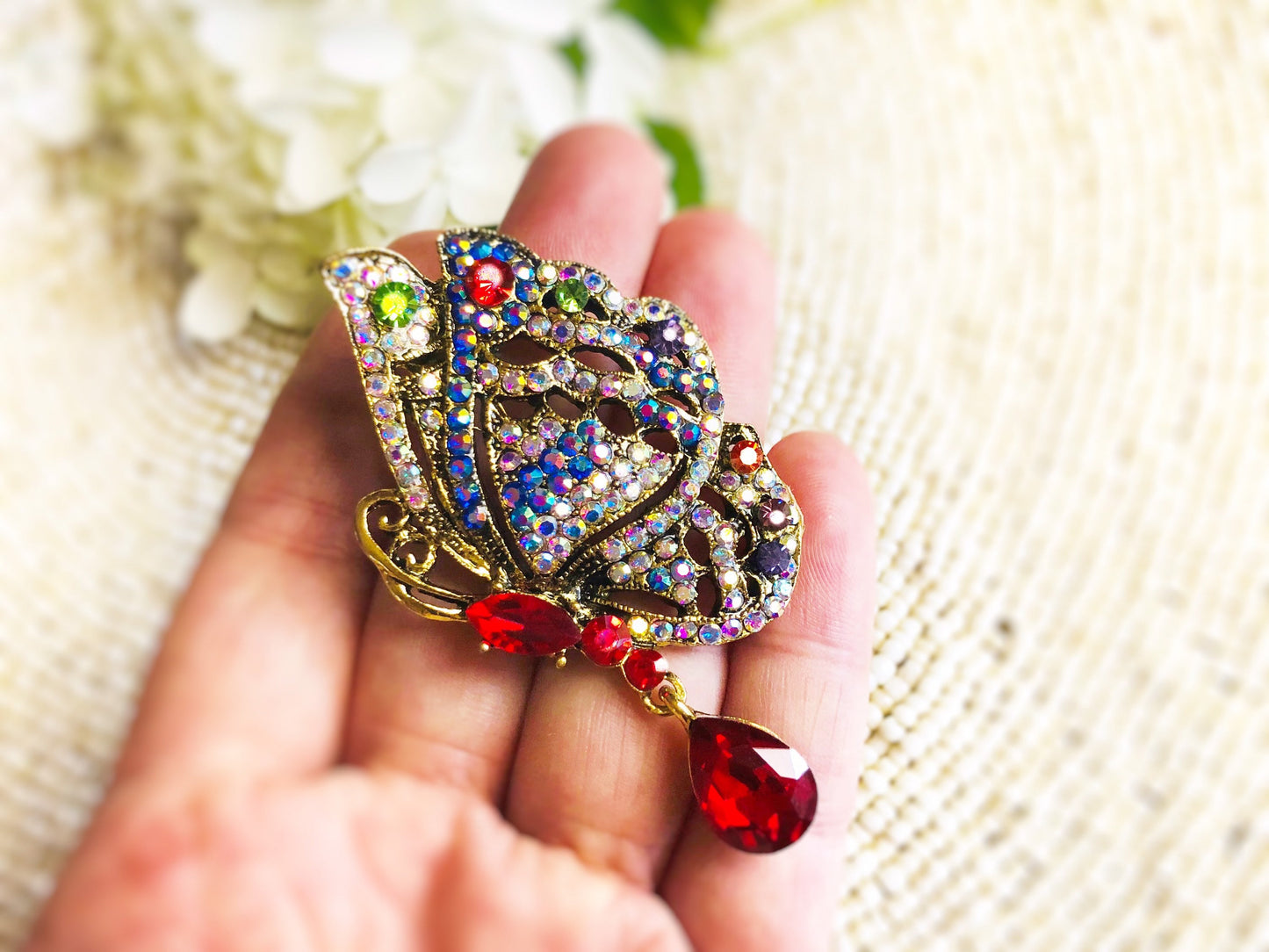 Multicolored butterfly crystal brooch pin antique gold, rainbow crystal brooch, red crystal pendant, gift for her, gift for mom