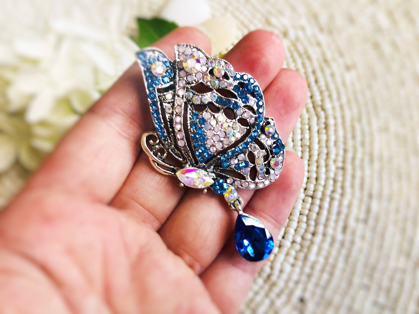 Blue butterfly crystal brooch pin antique gold, multicolored crystal brooch, blue crystal butterfly pendant, gift for her, gift for mom