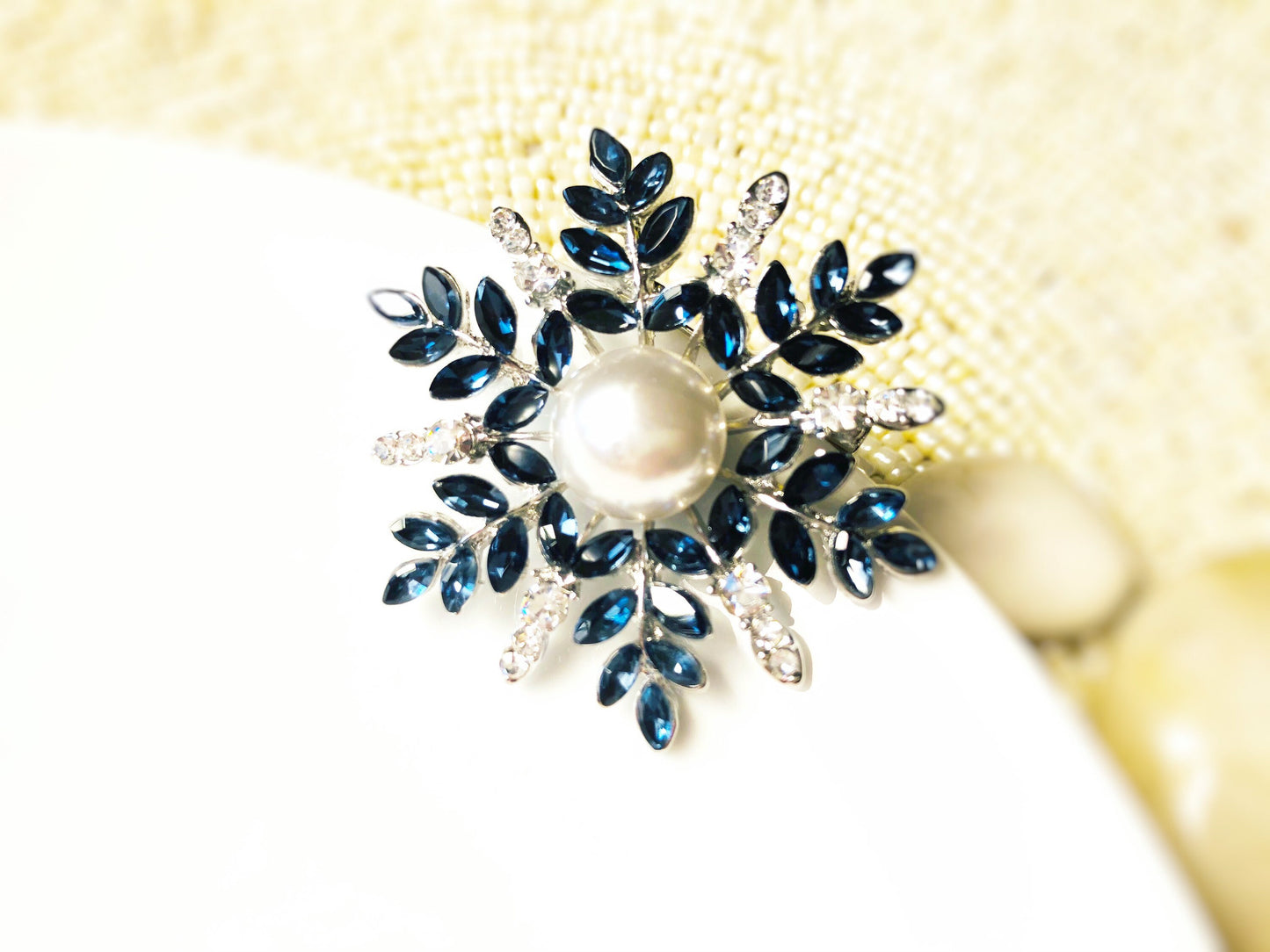 Pearl Blue sapphire pearl brooch, flower brooch pin in 18K white gold, wedding brooch, gift for mom, gift for her