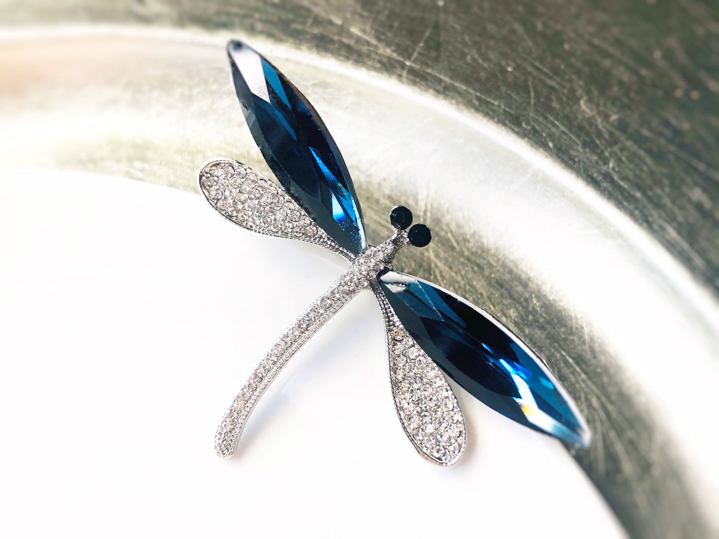 Blue sapphire dragonfly brooch, large dragonfly crystal brooch pin in 18K white gold, gift for mom, gift for her