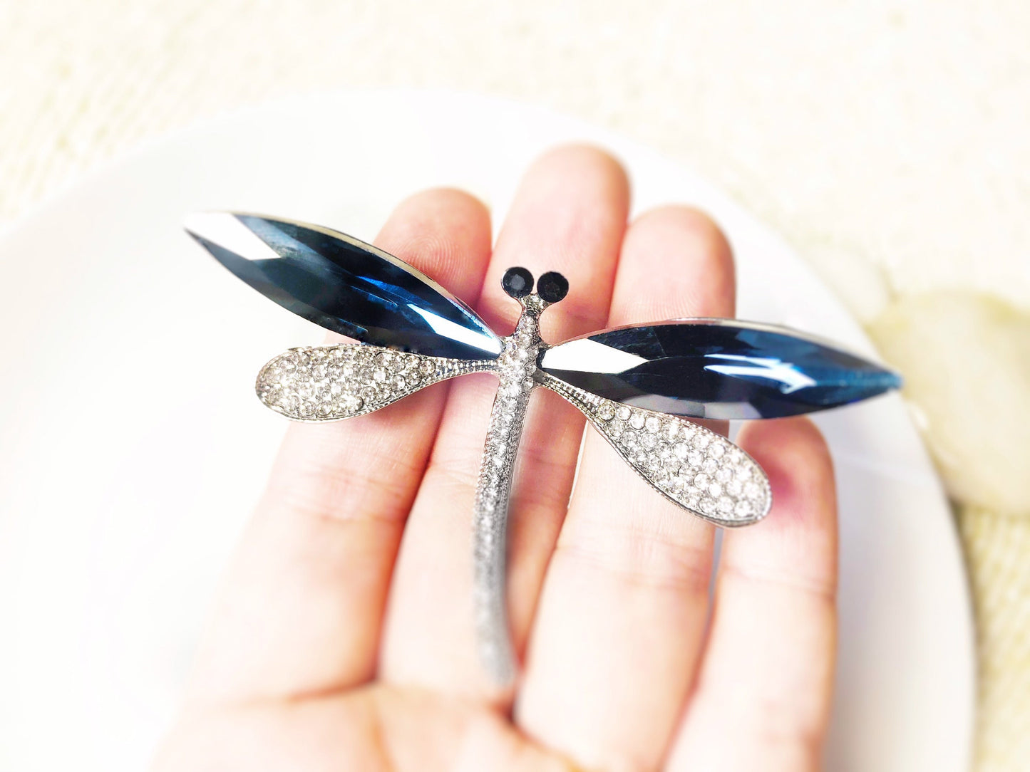 Blue sapphire dragonfly brooch, large dragonfly crystal brooch pin in 18K white gold, gift for mom, gift for her