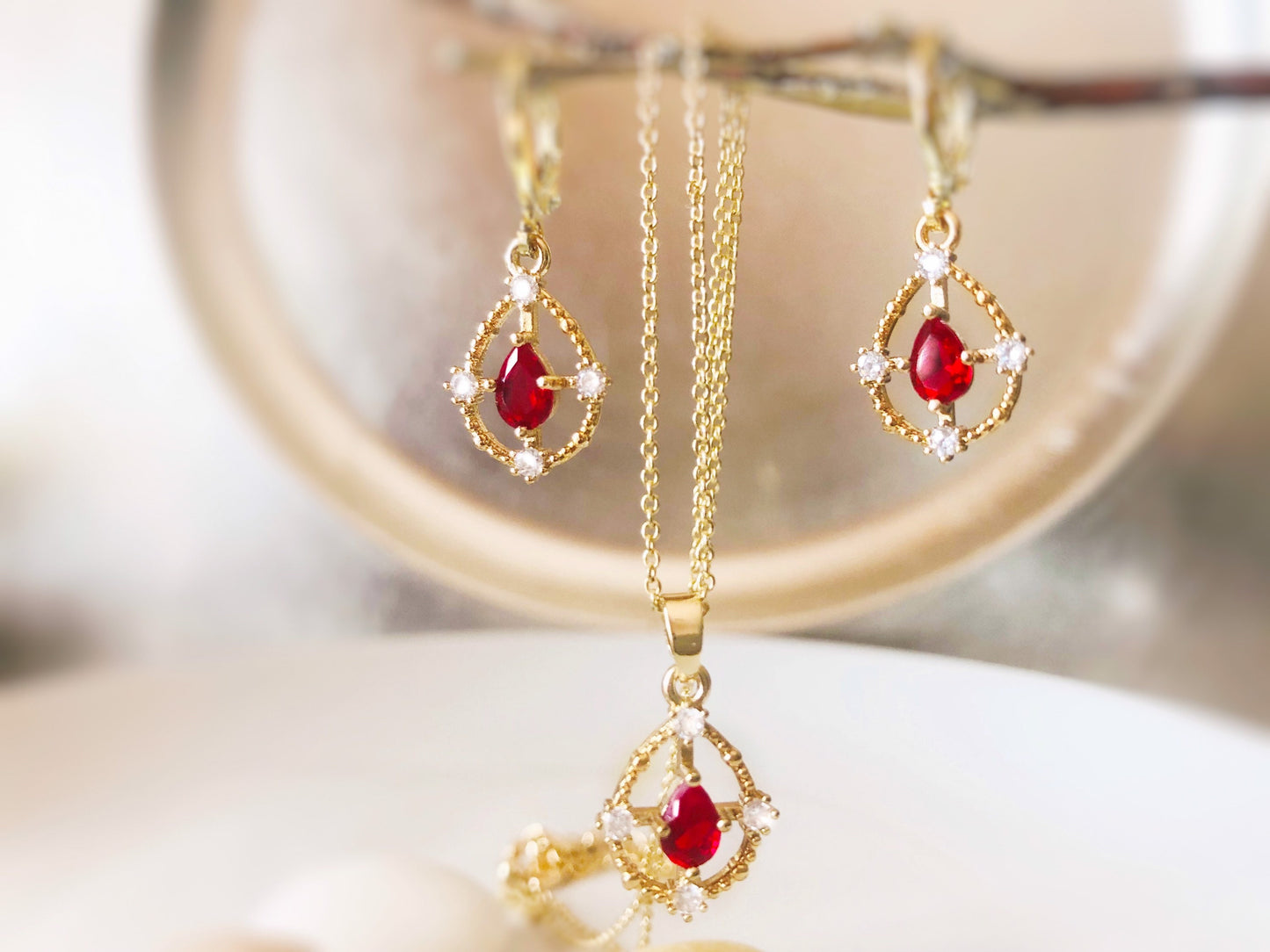 Ruby and white sapphire jewelry set in 14K gold, necklace earrings set, gift for her, gift for mom, July birthstone