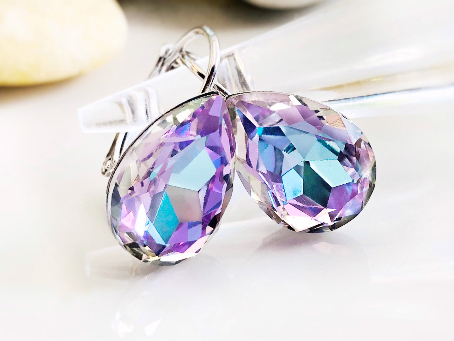Mystic amethyst crystal teardrop earrings, lavender blue color earrings, fancy crystal studs, gift for mom, gift for her
