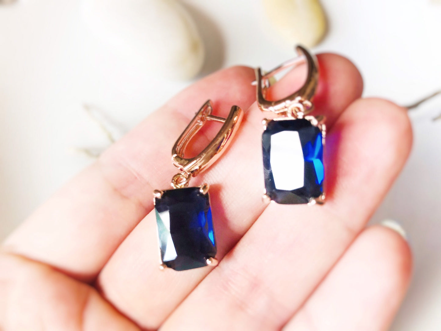 Emerald cut sapphire dangle earrings, blue gemstone earrings, gift for her, gift for mom, September birthstone