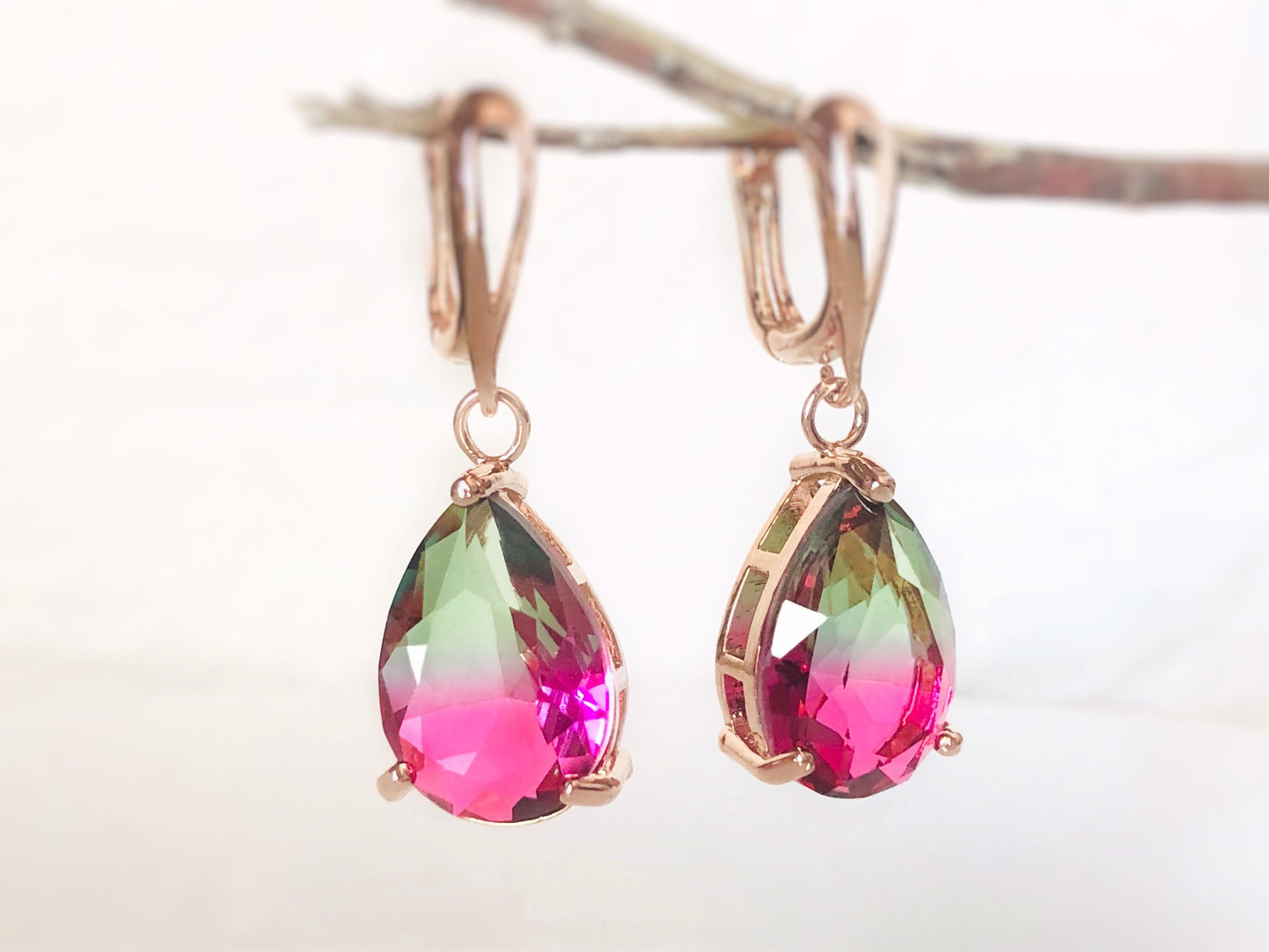 Large bicolor watermelon tourmaline dangle earrings, pink and green statement gemstone drop earrings, gift for her, gift for mom