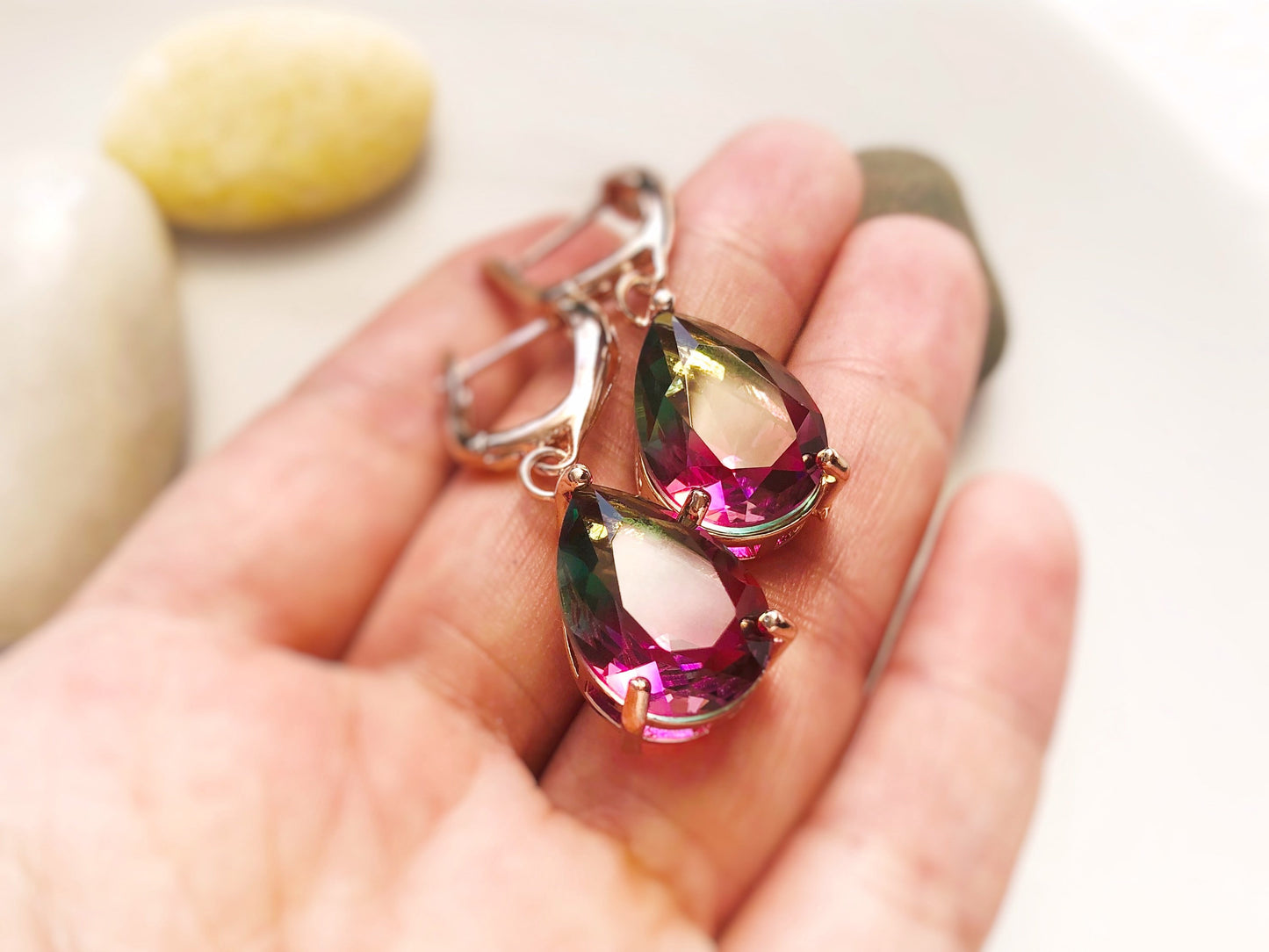 Large bicolor watermelon tourmaline dangle earrings, pink and green statement gemstone drop earrings, gift for her, gift for mom