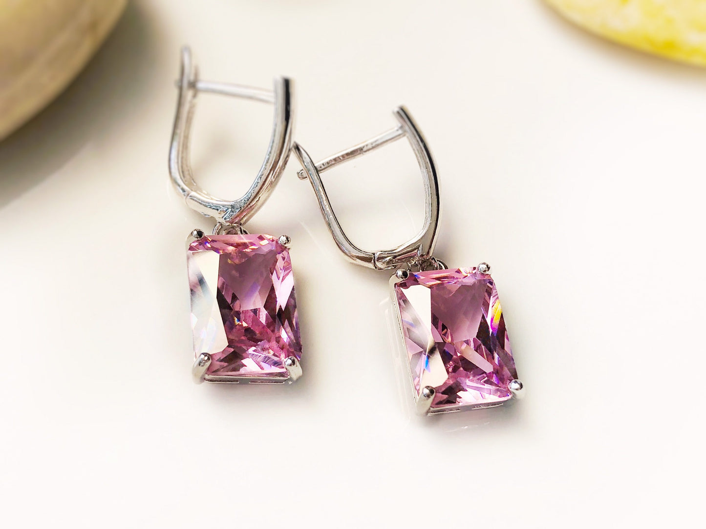 Large emerald cut pink sapphire dangling earring in 18K white gold, pink gemstone earrings, gift for mom, gift for her, October birthstone