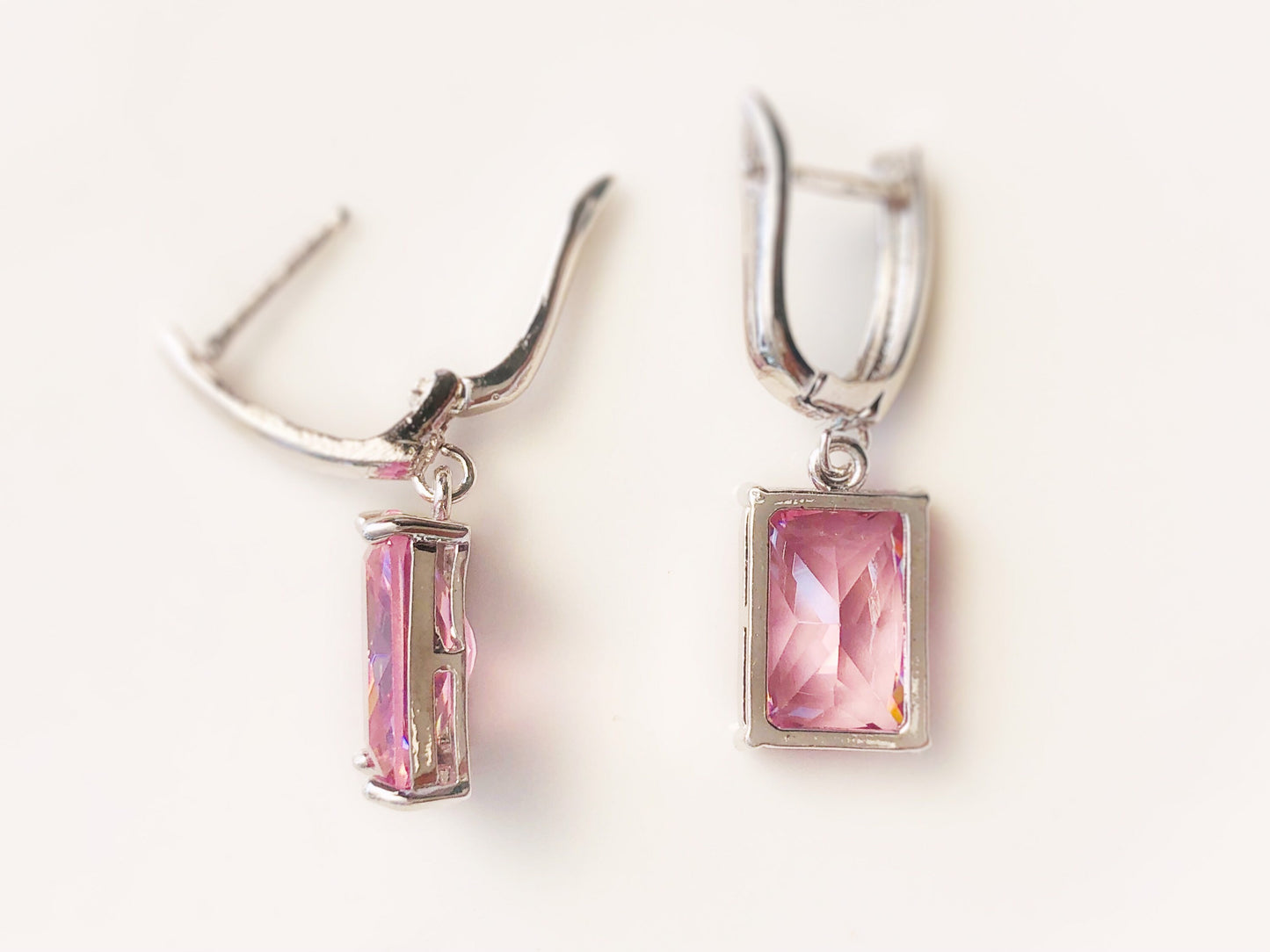 Large emerald cut pink sapphire dangling earring in 18K white gold, pink gemstone earrings, gift for mom, gift for her, October birthstone