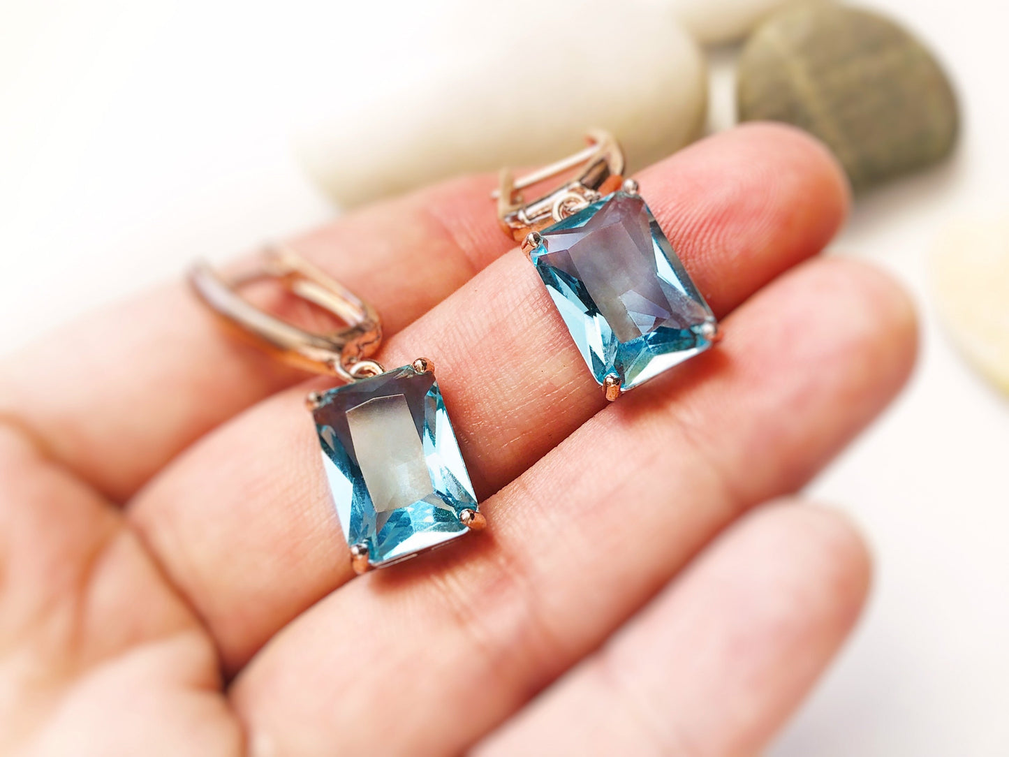 Large emerald cut aquamarine dangle earrings, March birthstone, light blue earrings, gift for mom, gift for her