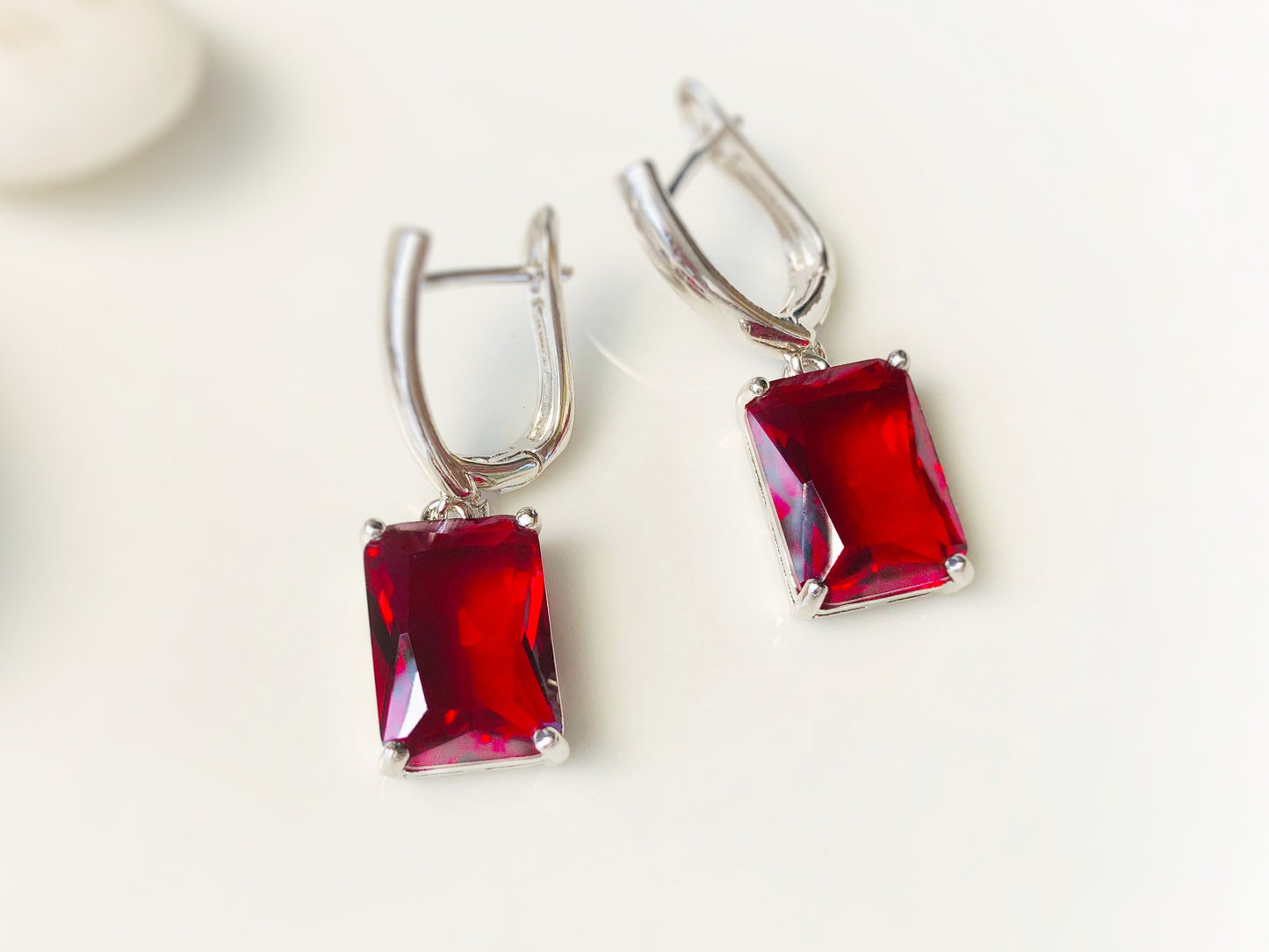 Large emerald cut ruby dangling earrings, July birthstone, red gemstone drop earrings, gift for mom, gift for her