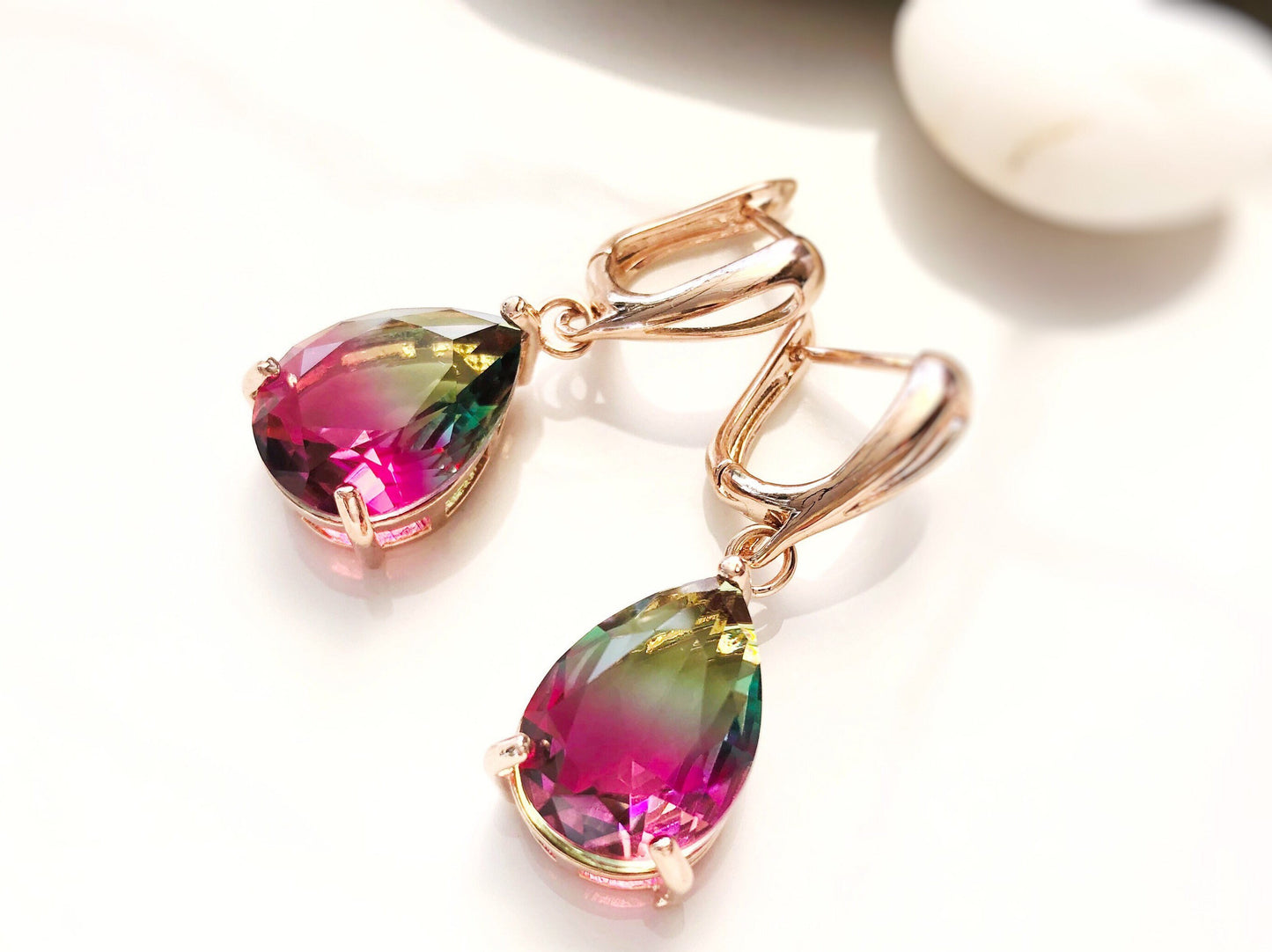 Large bicolor watermelon tourmaline dangle earrings, pink and green statement gemstone drop earrings, gift for her, gift for mom