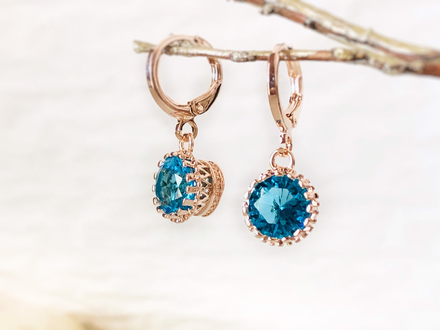 Blue topaz 8mm bezel dangle earrings, blue round gemstone drop earrings, gift for her, gift for daughter, December birthstone