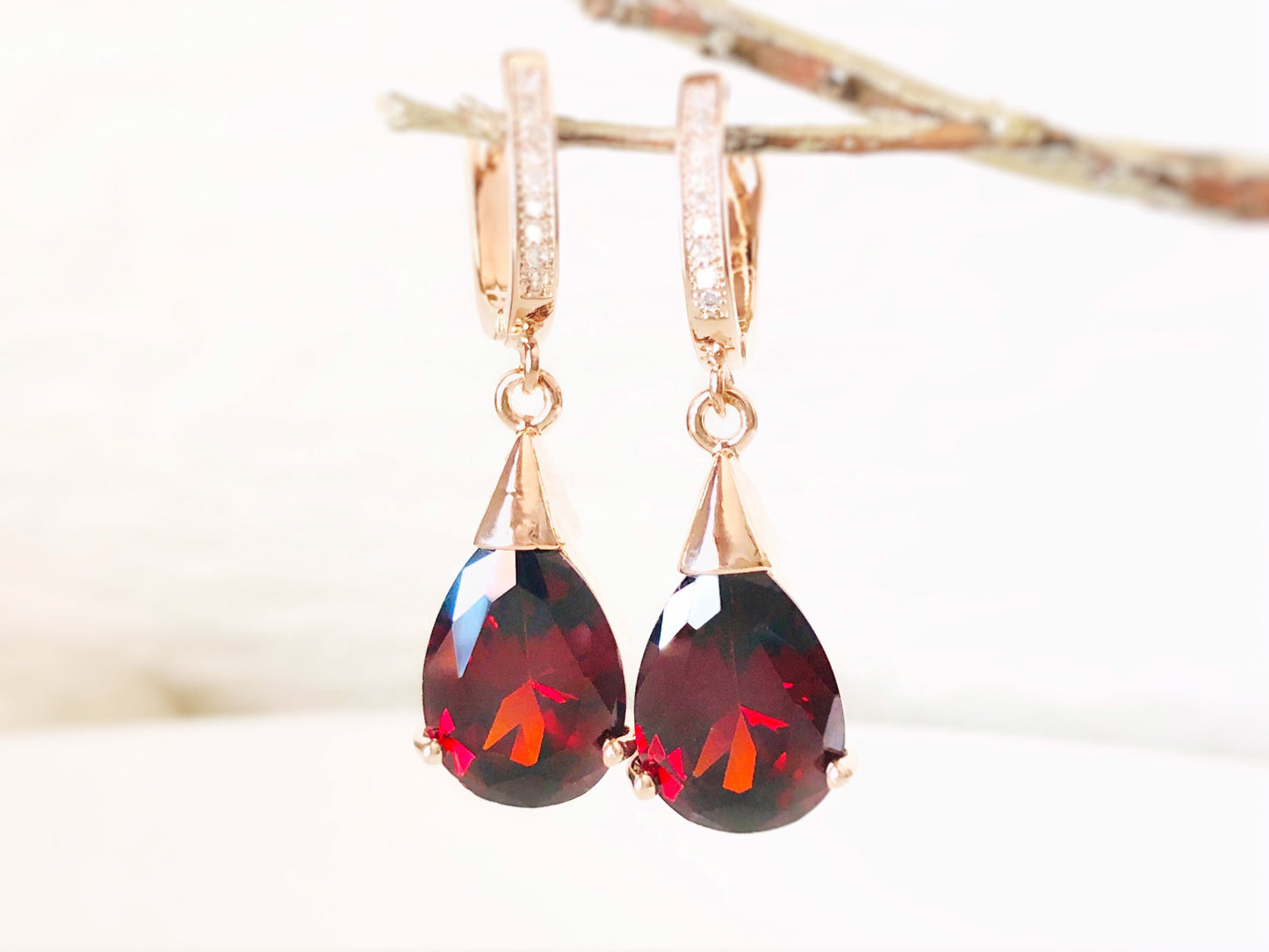 Teardrop garnet dangling earrings, red gemstone drop bridal earrings, gift for her, gift for mom, January birthstone