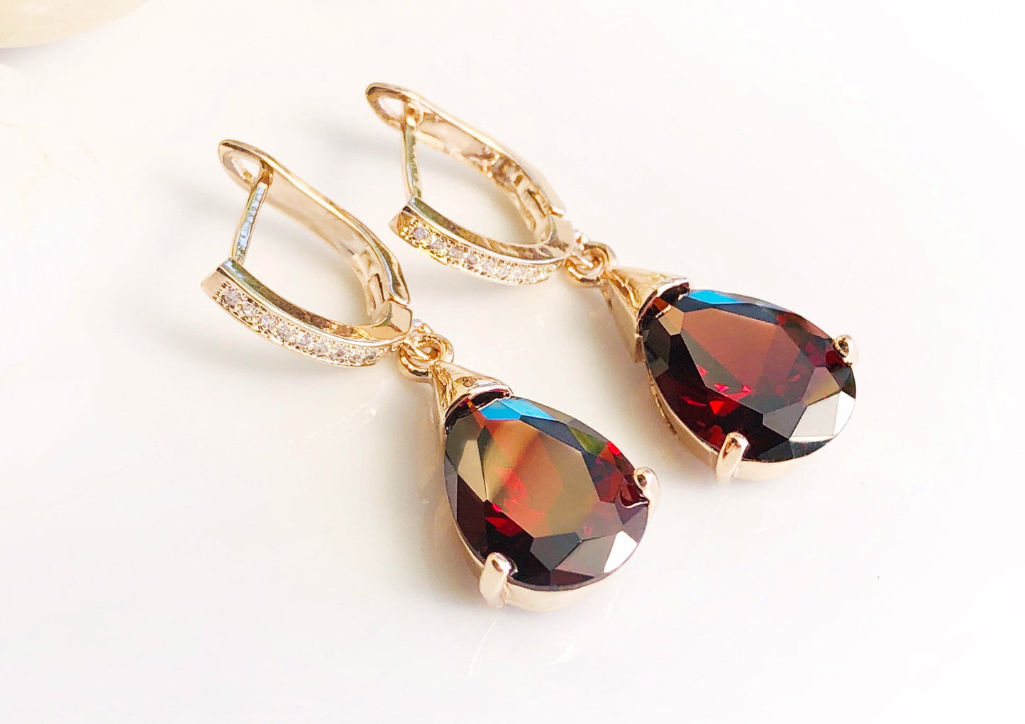 Teardrop garnet dangling earrings, red gemstone drop bridal earrings, gift for her, gift for mom, January birthstone