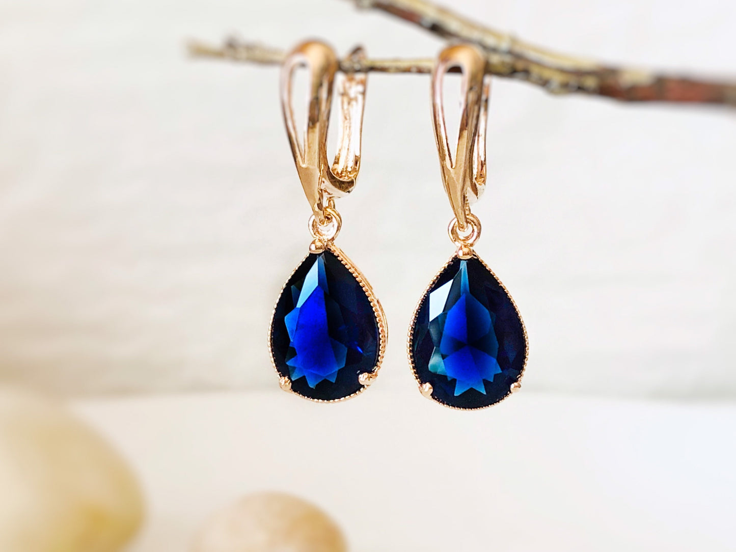 Sapphire teardrop dangle earrings, large teardrop dark blue gemstone earrings, gift for her, gift for mom, September birthstones