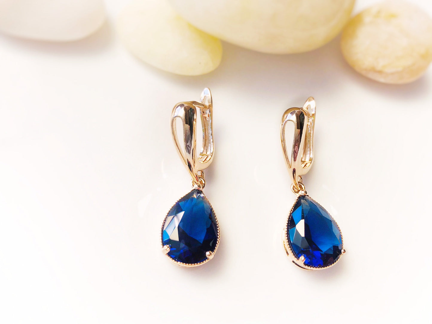 Sapphire teardrop dangle earrings, large teardrop dark blue gemstone earrings, gift for her, gift for mom, September birthstones