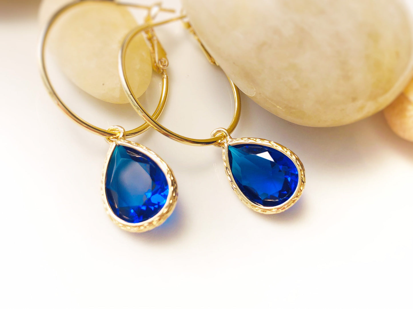 Blue sapphire drop hoop earring in 14K gold hoop earrings, Sept birthstones, blue gemstone earrings, gift for her, gift for mom