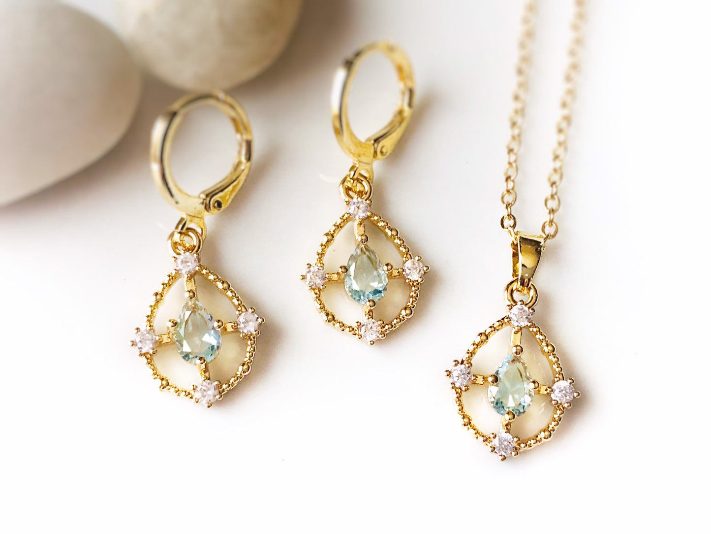 Aquamarine and white sapphire jewelry set in 14K gold filled necklace earrings set, gift for her, gift for mom, March birthstone