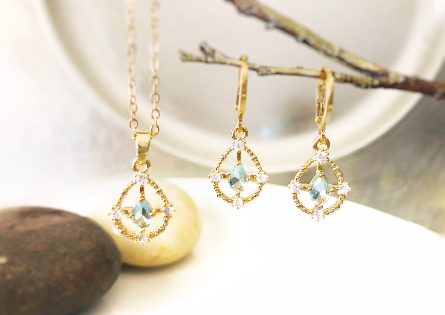 Aquamarine and white sapphire jewelry set in 14K gold filled necklace earrings set, gift for her, gift for mom, March birthstone