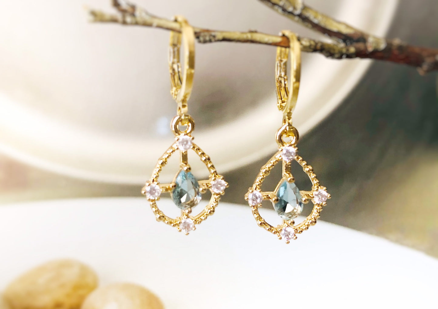 Aquamarine and white sapphire jewelry set in 14K gold filled necklace earrings set, gift for her, gift for mom, March birthstone