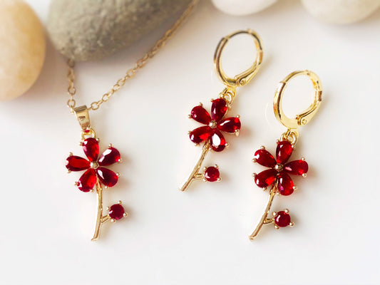 Ruby flower jewelry set in 14K gold, red flower gem necklace earrings set, gift for her, gift for mom, July birthstone