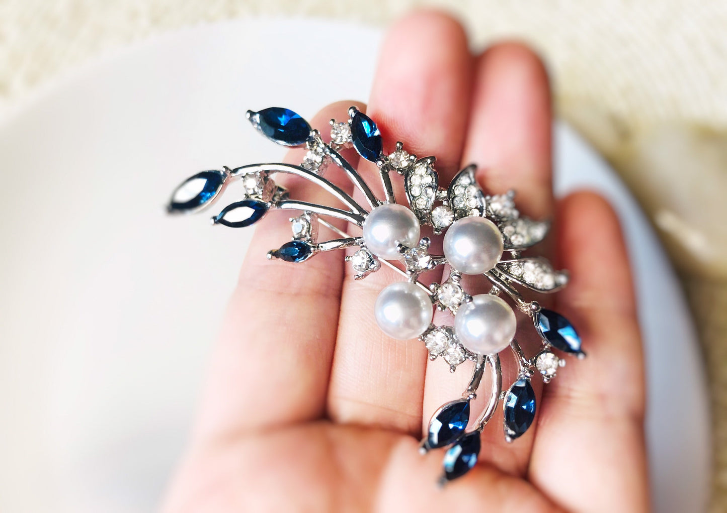 Sapphire crystal pearl brooch, blue flower crystal brooch pin in 18K white gold, wedding bouquet brooch, gift for mom, gift for her