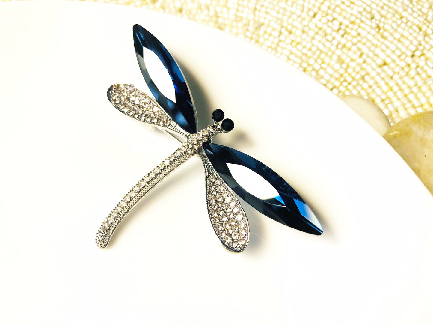 Blue sapphire dragonfly brooch, large dragonfly crystal brooch pin in 18K white gold, gift for mom, gift for her