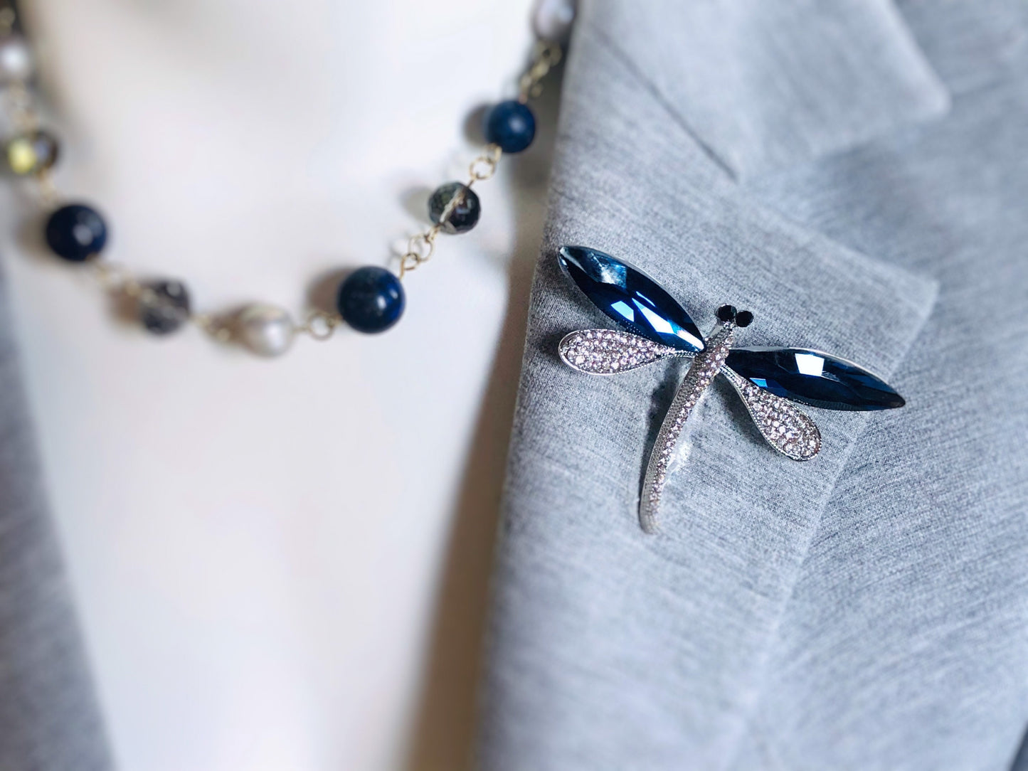 Blue sapphire dragonfly brooch, large dragonfly crystal brooch pin in 18K white gold, gift for mom, gift for her