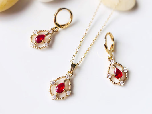 Ruby and white sapphire jewelry set in 14K gold, necklace earrings set, gift for her, gift for mom, July birthstone