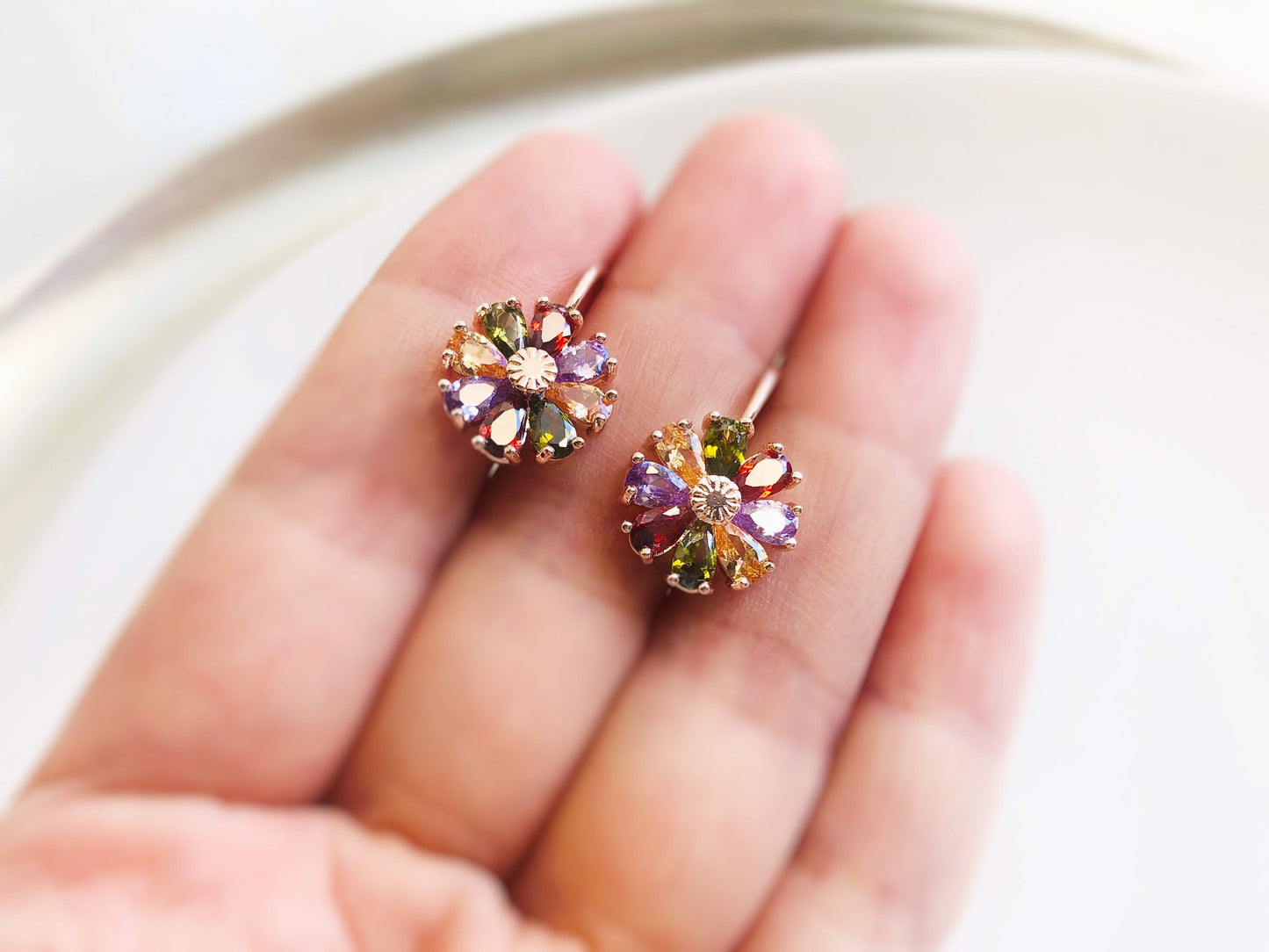 Multicolored daisy earring in 14K rose gold, rainbow gemstone flower earrings, gift for mom, gift for her