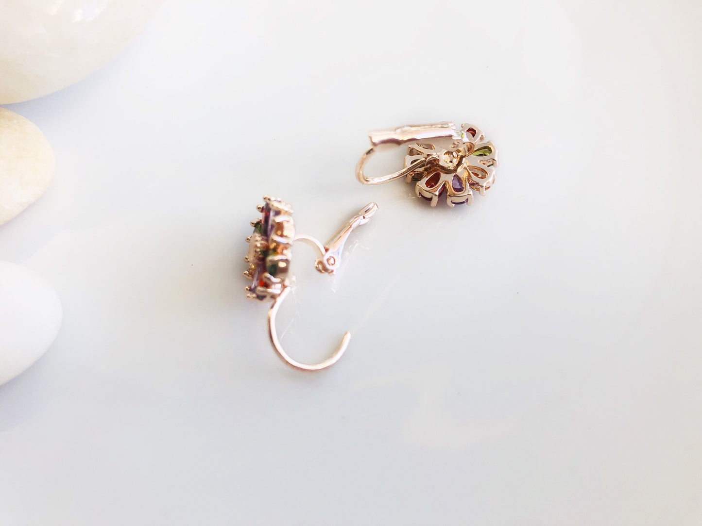 Multicolored daisy earring in 14K rose gold, rainbow gemstone flower earrings, gift for mom, gift for her