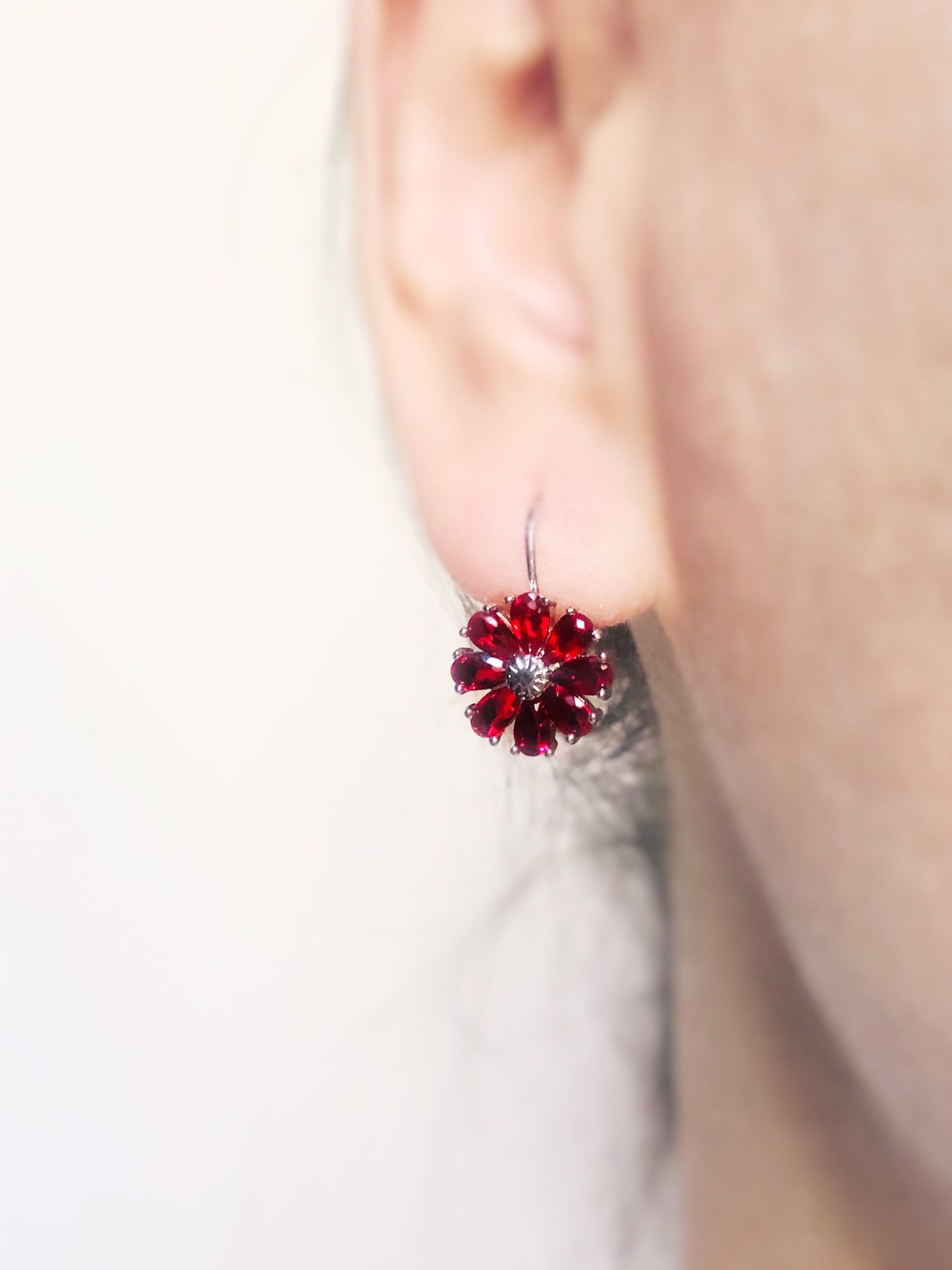 Ruby flower dangle earrings, red gemstone daisy flower drop earrings, July birthstone earrings, gift for mom, gift for her