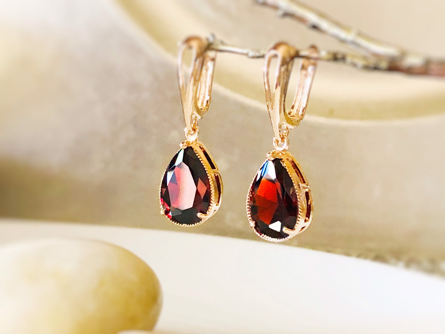 Garnet teardrop dangle earrings, large teardrop dark red gemstone earrings, gift for her, gift for mom, January birthday