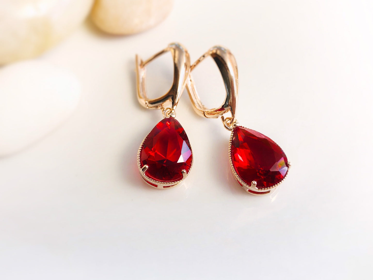 Ruby teardrop dangle earrings, July  birthstones, red gemstone earrings, gift for her, gift for mom