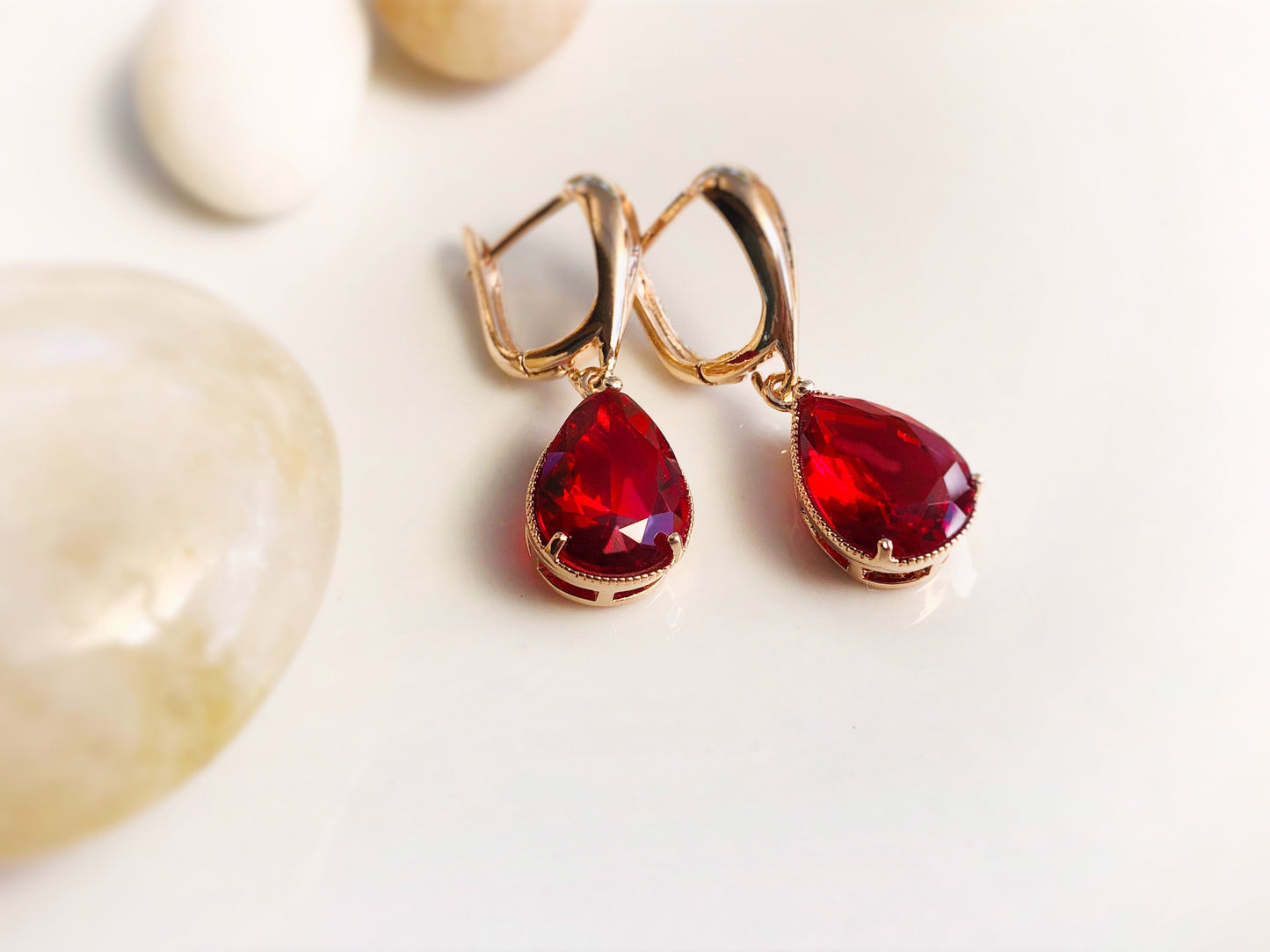 Ruby teardrop dangle earrings, July  birthstones, red gemstone earrings, gift for her, gift for mom